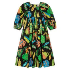STELLA MCCARTNEYKids Stella McCartney Child Short Puff Sleeves Dress - Black With Palm Leaves Print